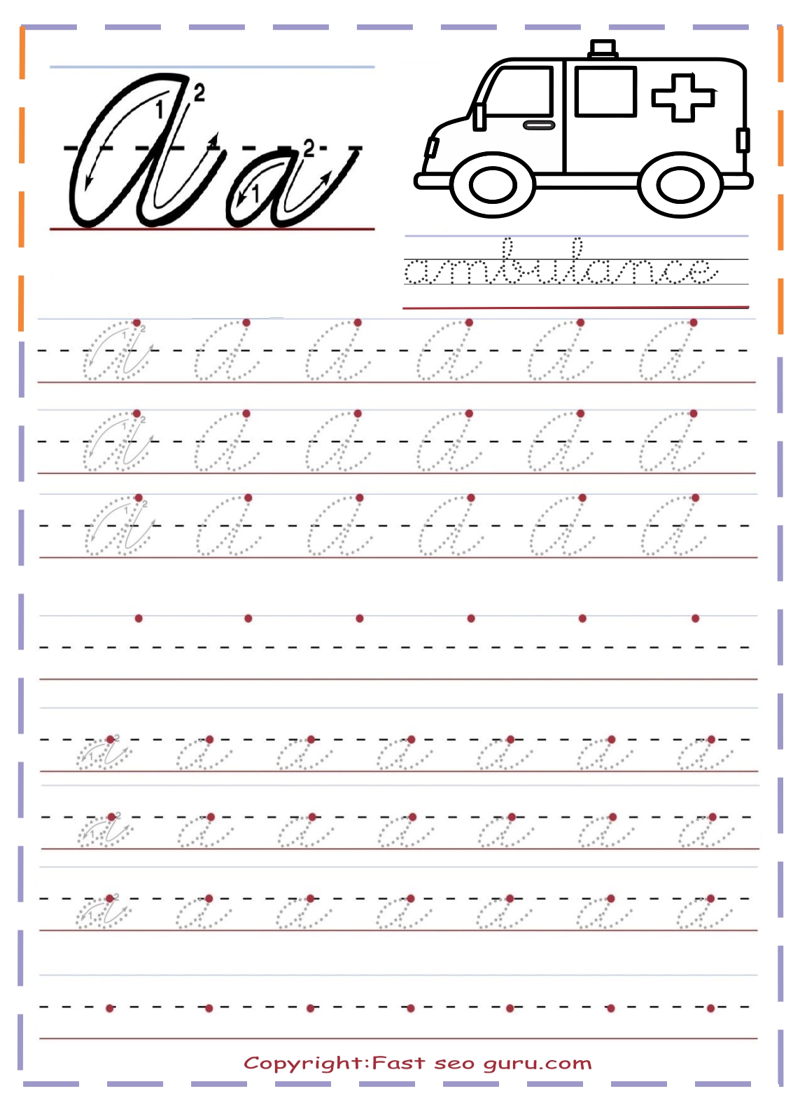 Printable cursive handwriting practice sheets letter a